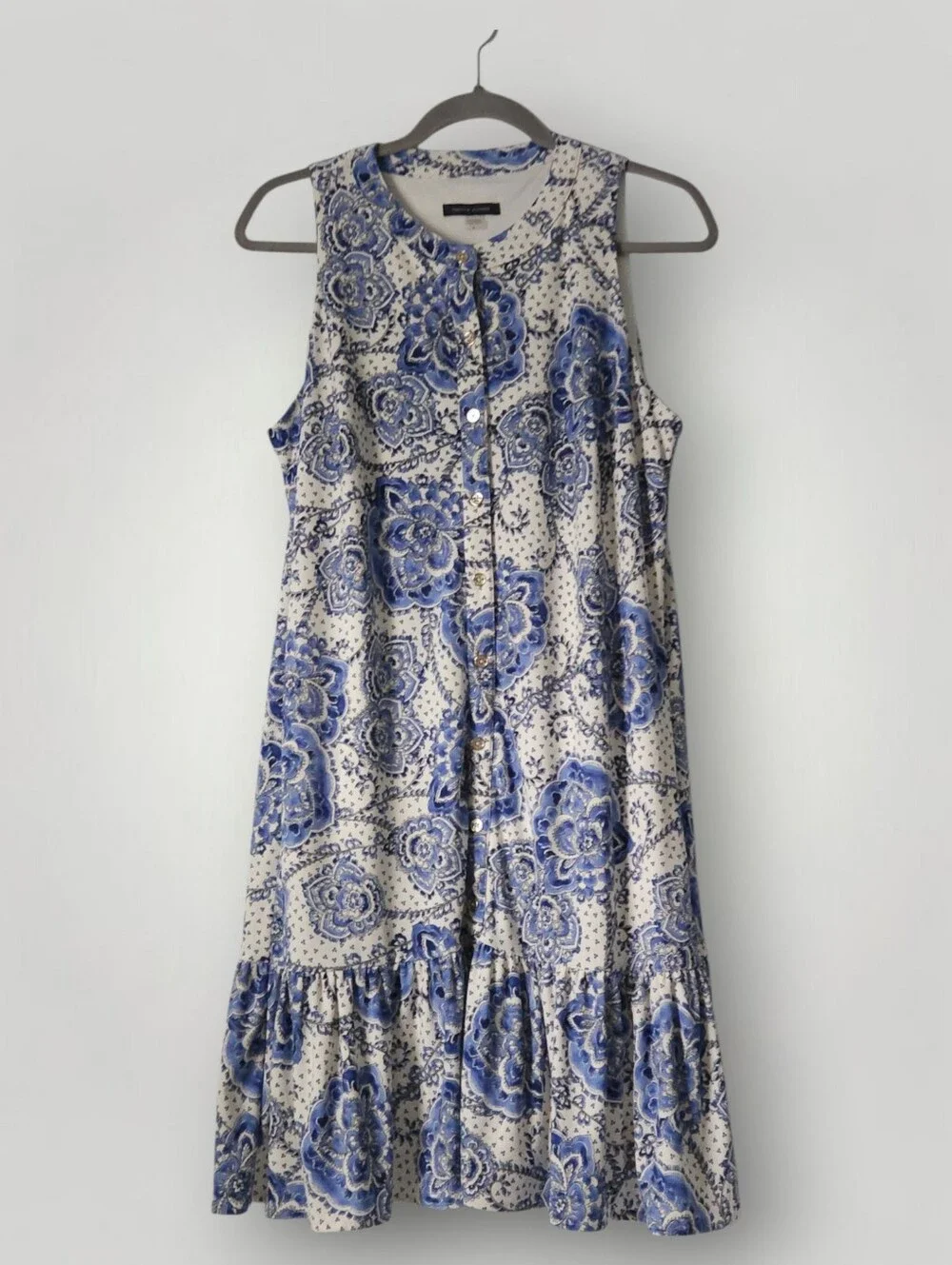 Tommy Hilfiger 8 Blue White Floral Sleeveless Tiered‎ Dress Button Front